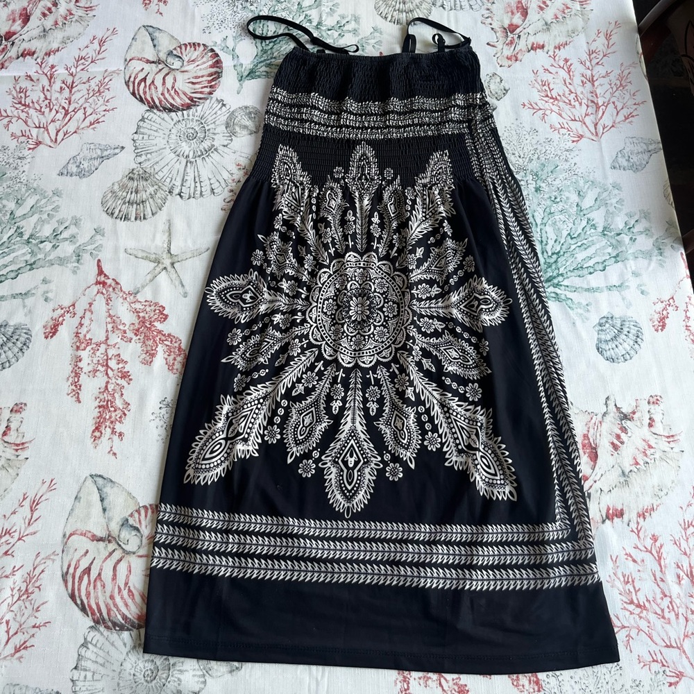 Ocean Blue Black Boho Elastic Top Dress